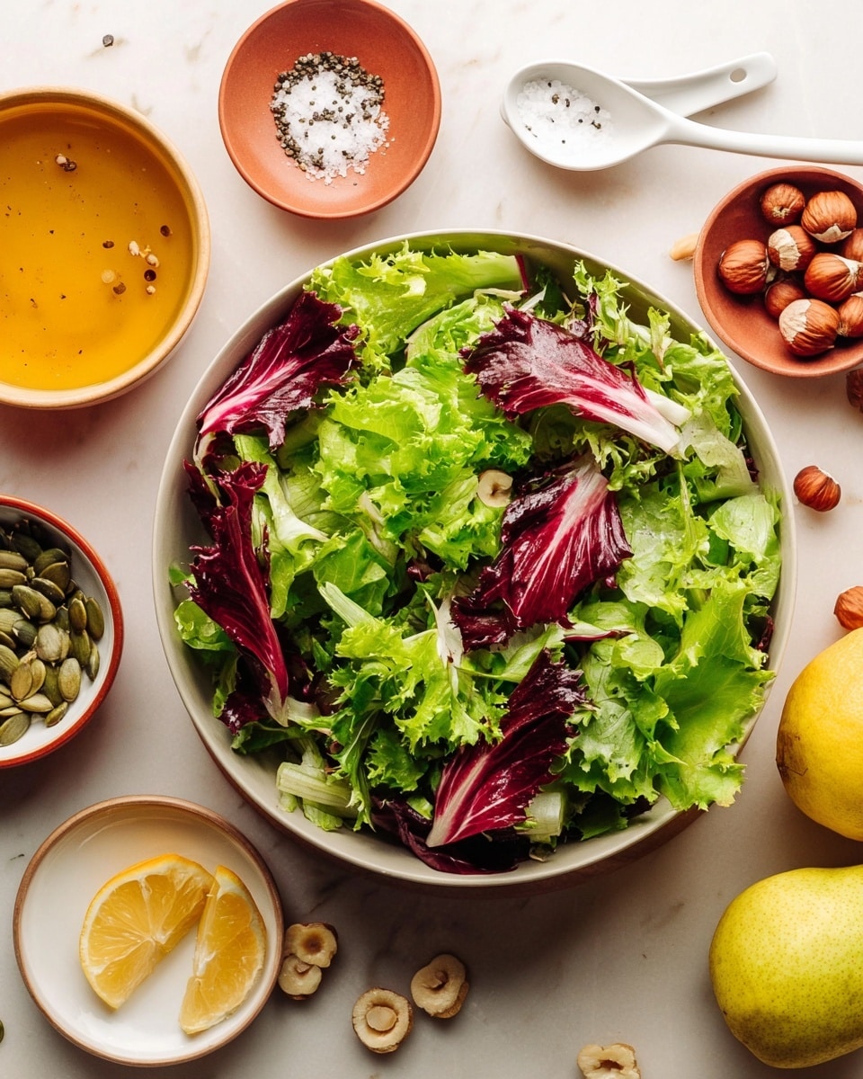 A white bowl filled with fresh salad leaves layers that include bright green curly lettuce and dark red radicchio pieces sitting on top of a white marbled surface. Around the bowl are small white ceramic bowls holding pumpkin seeds, whole hazelnuts, and a yellow liquid, likely honey, with a few lemon halves and a whole pear placed nearby. Two small white ceramic spoons with salt and black pepper rest just above the bowl. The mix of green and deep red leaves shows rough, ruffled textures creating a fresh and crisp appearance photo taken with an iphone --ar 4:5 --v 7