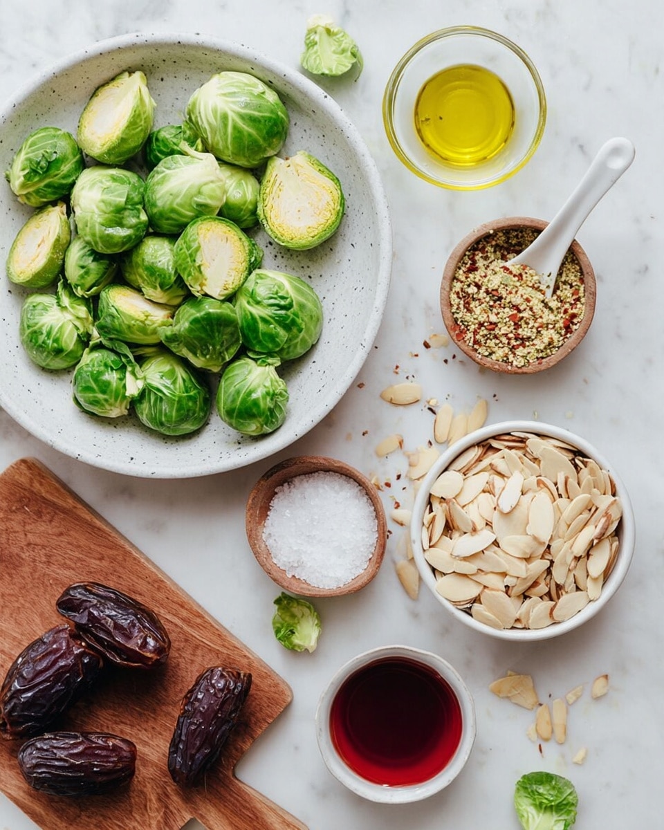 The image shows a white speckled plate full of halved bright green Brussels sprouts placed on a white marbled surface. To the right of the plate is a small white bowl filled with slivered almonds. Next to the almonds is a transparent small round container with light yellow oil. Above the almonds sits a small light brown bowl containing a coarse mix of nuts and spices with a white spoon resting in it. On the bottom left side of the image is a small wooden board holding three dark brown dates, a light small bowl of white salt, and a smaller light bowl filled with dark reddish liquid. A few loose Brussels sprout leaves and a couple of halved Brussels sprouts are scattered around. Photo taken with an iphone --ar 4:5 --v 7