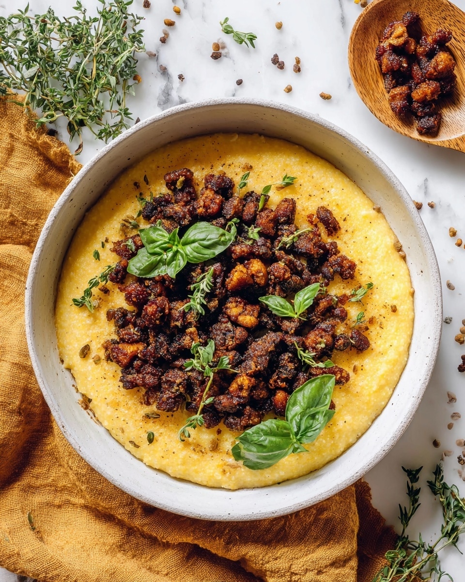 A white bowl filled with a base layer of smooth, yellow creamy polenta that has a slightly thick texture, topped with a generous layer of small, crispy, dark brown fried chunks, scattered with fresh green basil leaves and small sprigs of thyme. The bowl sits on a soft mustard-colored cloth on a white marbled surface, with some loose herbs and seeds scattered nearby, and a wooden spoon holding more crispy chunks in the top right corner. Photo taken with an iphone --ar 4:5 --v 7