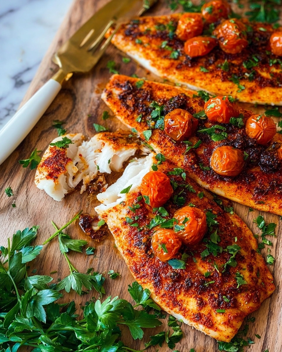 The image shows three pieces of cooked fish fillets covered with a reddish spice rub, placed on a wooden board. Two fillets have charred golden cherry tomatoes on top, with fresh green parsley sprinkled over the fish. A third fillet is partially sliced, showing white flaky fish inside, with a white and gold fork and knife placed next to it. Fresh green herbs lie in the bottom left corner, adding color contrast. The background is a white marbled texture. Photo taken with an iphone --ar 4:5 --v 7