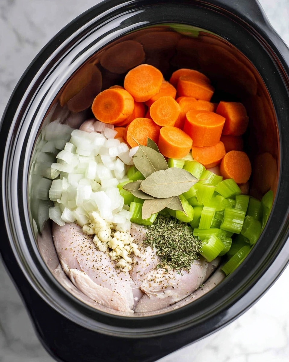 Inside a black slow cooker, there is one layer of pale raw chicken at the bottom with black pepper sprinkled on top. On one side, there is a pile of bright orange carrot slices, layered next to a mound of chopped white onions. Next to the onions, there is a cluster of fresh green celery pieces. On top of the chicken near the center, there are two light brown bay leaves placed beside a small pile of dried green herbs, and minced white garlic is scattered near the carrots and onions. The slow cooker sits on a white marbled surface. photo taken with an iphone --ar 4:5 --v 7