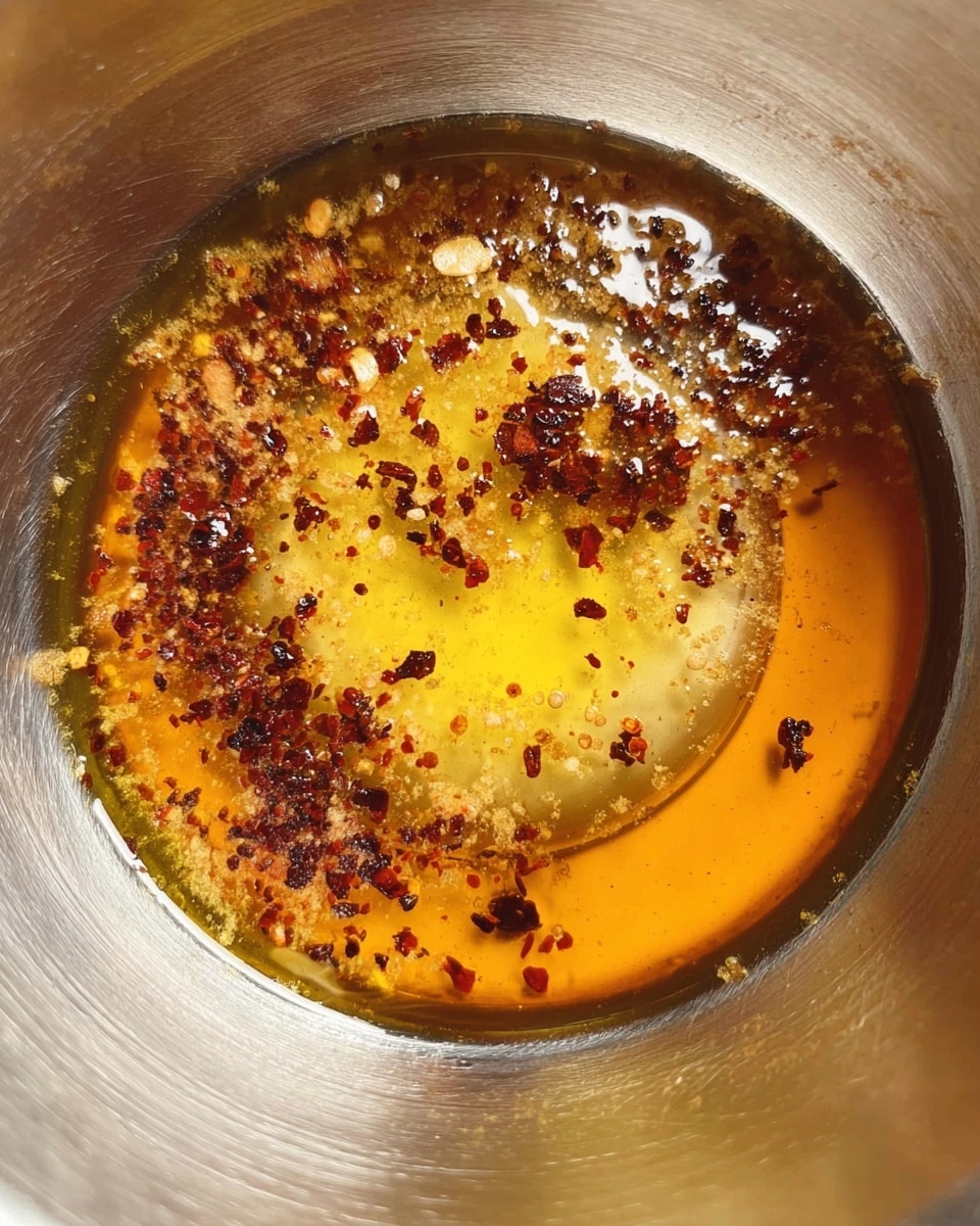 A close-up view inside a clear metal bowl showing a mixture with three main layers: the bottom layer is a thin shiny layer of oil with a pale yellow color, above that is a thicker, grainy yellow mustard layer, and on top is a layer of dark red chili flakes scattered unevenly across the surface, adding texture and color contrast against the yellow and orange layers. The metal bowl has a smooth reflective surface that catches the light, creating a clean and bright look. photo taken with an iphone --ar 4:5 --v 7