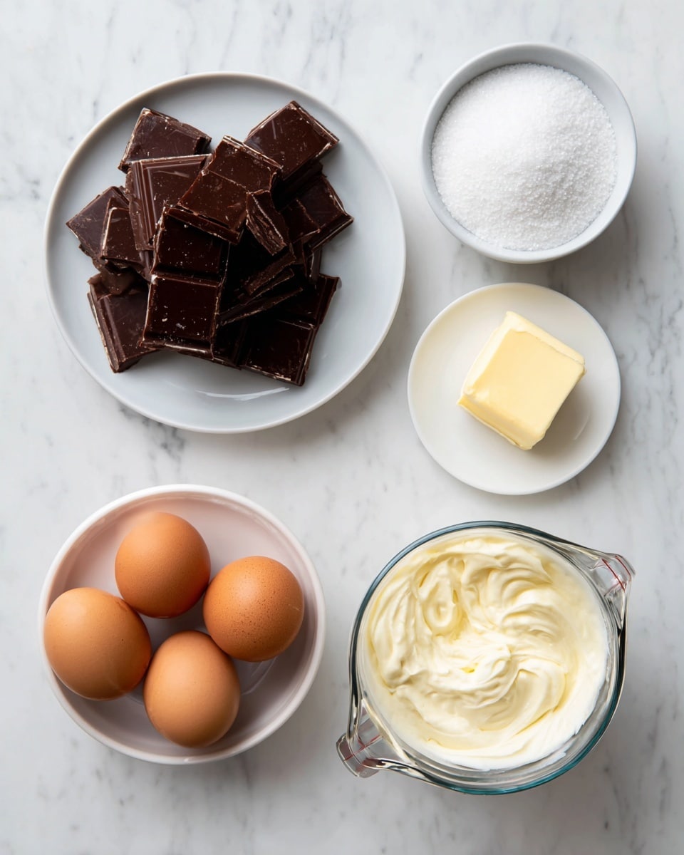 The image shows a white marbled surface with six food items arranged separately: a pile of dark brown chocolate squares stacked with some scattered pieces, a small white bowl filled with granulated white sugar, a white plate holding a small yellow pat of butter, a clear glass bowl containing three brown eggs, and a clear measuring cup filled with thick white cream. All items are placed clearly and neatly without overlapping, showcasing their textures and colors distinctly. photo taken with an iphone --ar 4:5 --v 7