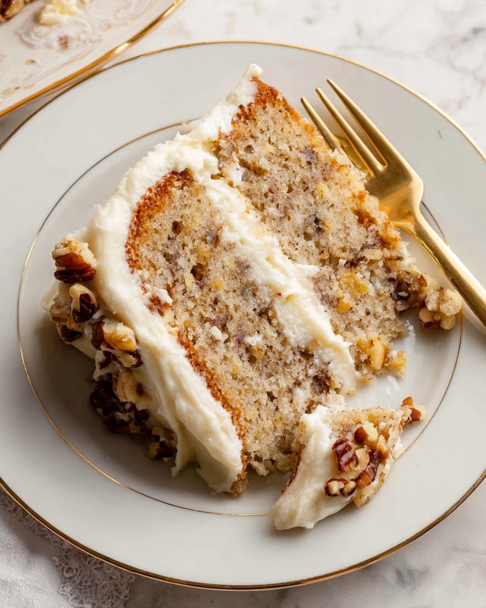 A slice of two-layer cake sits on a white plate with a thin gold rim; the cake layers are light brown with small chunks inside, showing a slightly rough texture mixed with darker bits. Between the layers and on top is a thick, creamy white frosting spread unevenly. There are chopped nuts, mainly pecans, placed at the base edge of the slice. A gold fork with a piece of cake is resting on the right side of the plate. The whole plate is set on a white marbled textured surface. Photo taken with an iphone --ar 4:5 --v 7