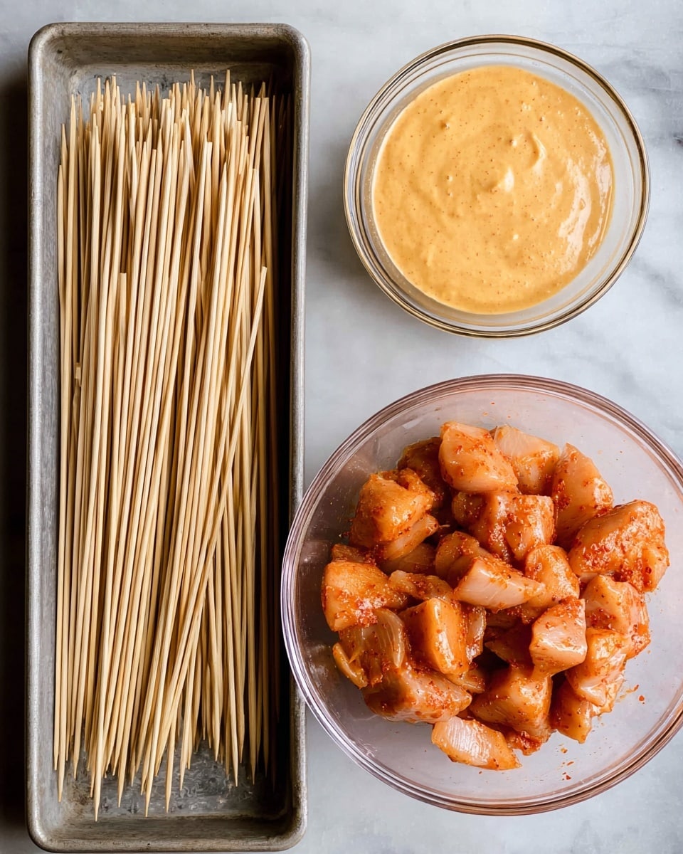 The image shows three main items on a white marbled surface: a metal tray filled with long thin wooden skewers on the left, a small clear glass bowl on the top right with a creamy orange sauce that has a smooth texture, and a larger clear glass bowl below it filled with raw chicken pieces coated in a reddish-orange seasoning, giving them a slightly shiny and textured look. photo taken with an iphone --ar 4:5 --v 7