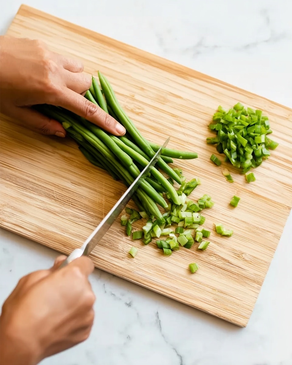 A close-up view shows a woman’s hand holding green beans on a light wooden cutting board, while another woman’s hand uses a silver knife to slice the beans. The green beans, fresh and bright green, are being cut into small pieces, with two small piles of cut green bean slices placed on the top right side of the board. The background is a white marbled surface. photo taken with an iphone --ar 4:5 --v 7