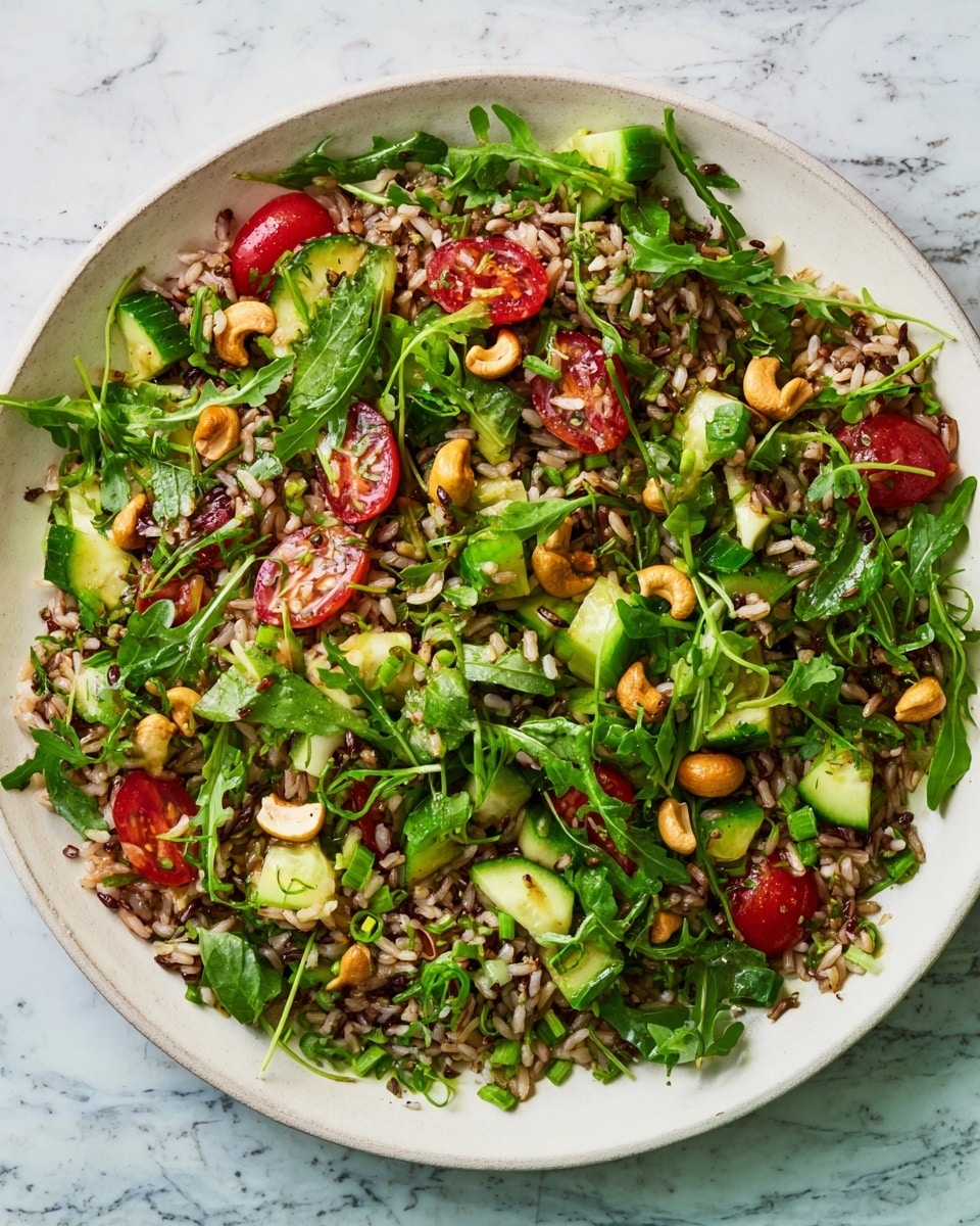 A white plate filled with a fresh mixed green salad sits on a white marbled surface. The salad has three main layers: the base is leafy green arugula, the middle layer contains chopped bright green cucumber pieces, and the top layer is scattered with halved red cherry tomatoes and toasted seeds in light brown. The textures vary from leafy and soft green to crisp cucumber and firm tomato, creating a colorful and healthy look. Photo taken with an iphone --ar 4:5 --v 7