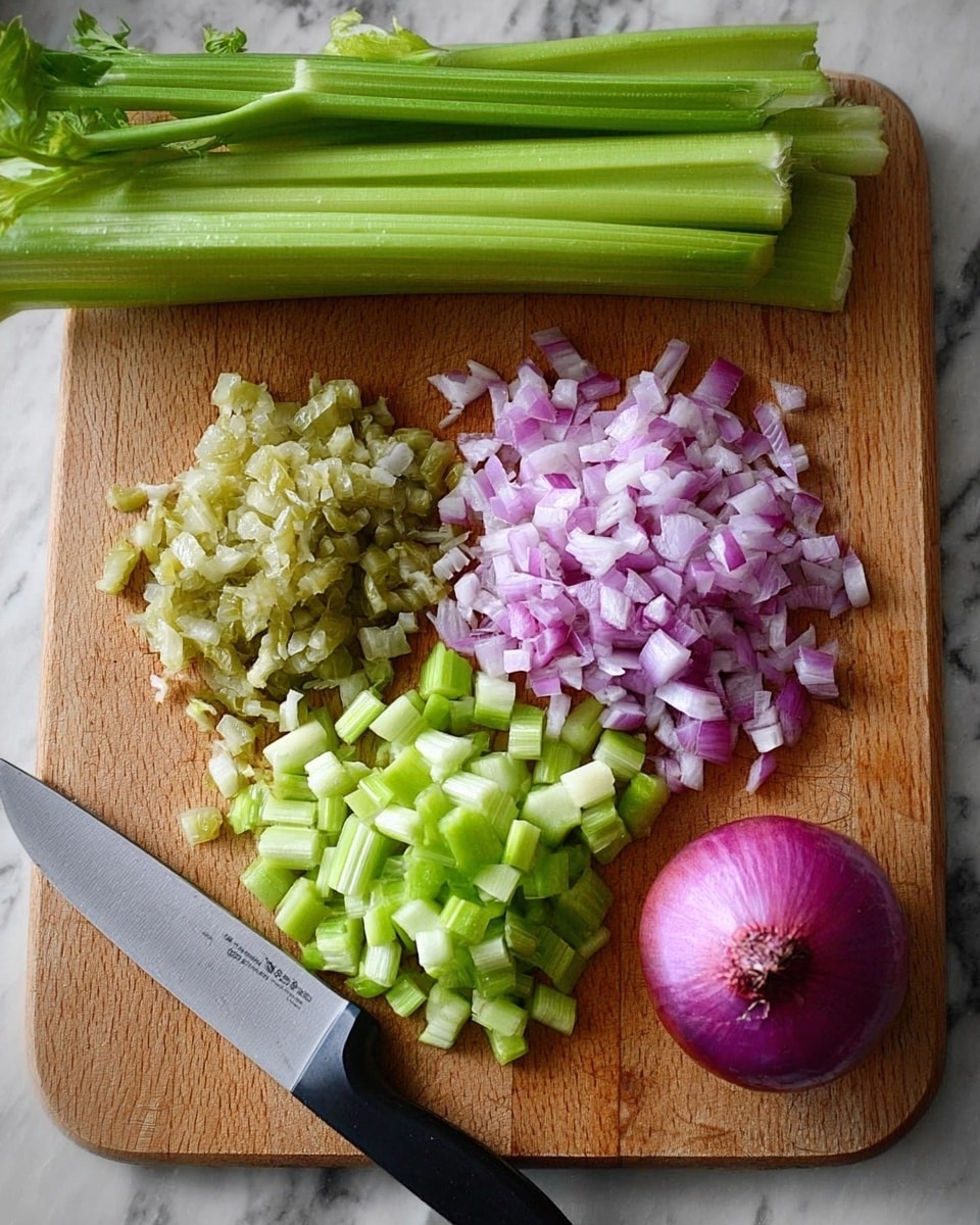 The image shows a wooden cutting board on a white marbled surface with a bunch of fresh green celery stalks on the upper left side. On the board, there are three piles of chopped ingredients placed side by side: finely chopped green pickles on the left, finely chopped red onion in the middle, and chopped celery stalks on the right. A whole purple onion with its skin partially removed sits on the bottom right corner of the board. A silver knife with a black handle lies diagonally across the lower left corner of the board. Photo taken with an iphone --ar 4:5 --v 7