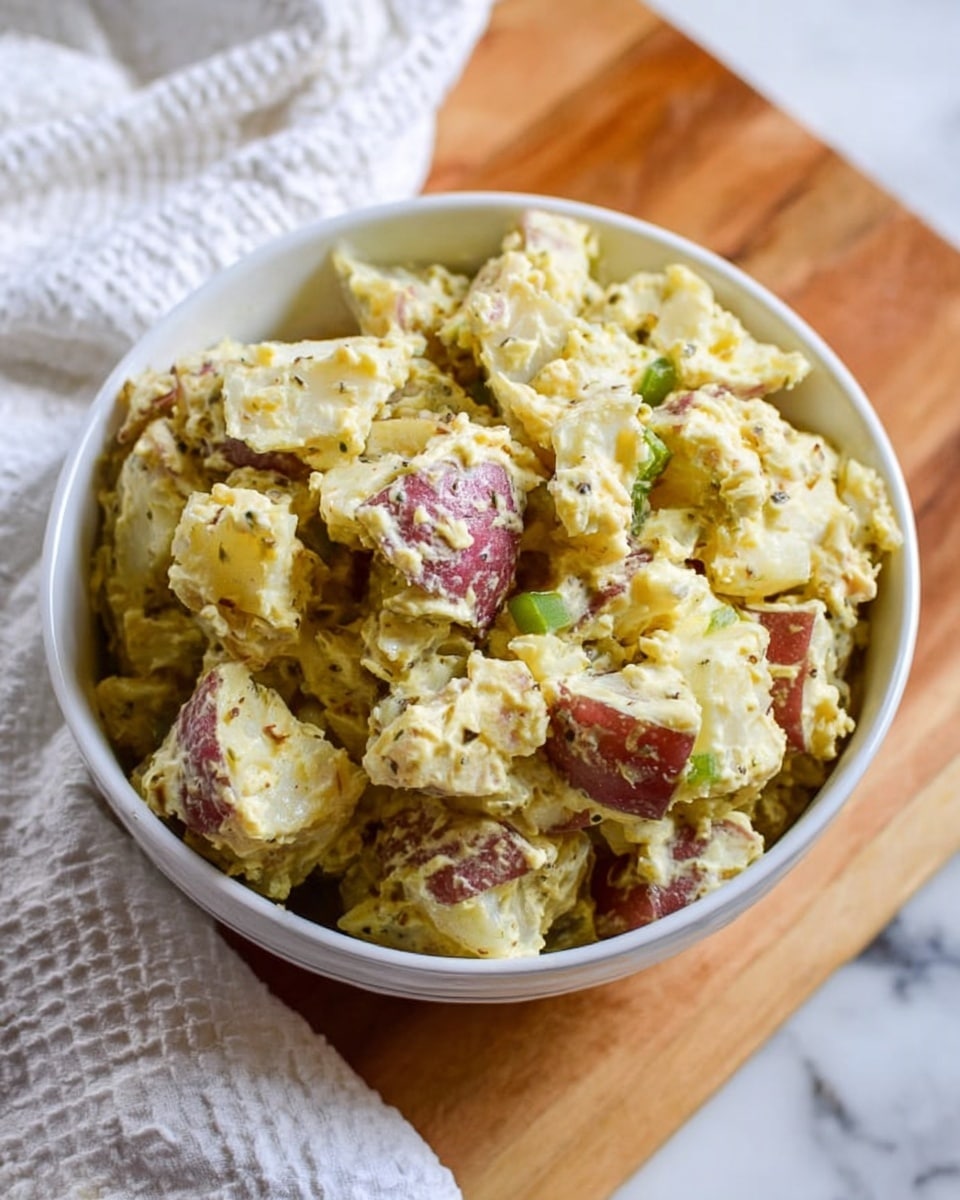 A white bowl filled with chunky potato salad made from pieces of red-skinned potatoes mixed with a creamy, light yellow dressing. Small bits of green celery and black pepper are visible throughout, giving the salad a speckled look. The bowl is placed on a light wooden board, next to a white textured cloth, all set on a white marbled surface. The texture of the potato salad looks soft but with firm potato pieces clearly seen photo taken with an iphone --ar 4:5 --v 7