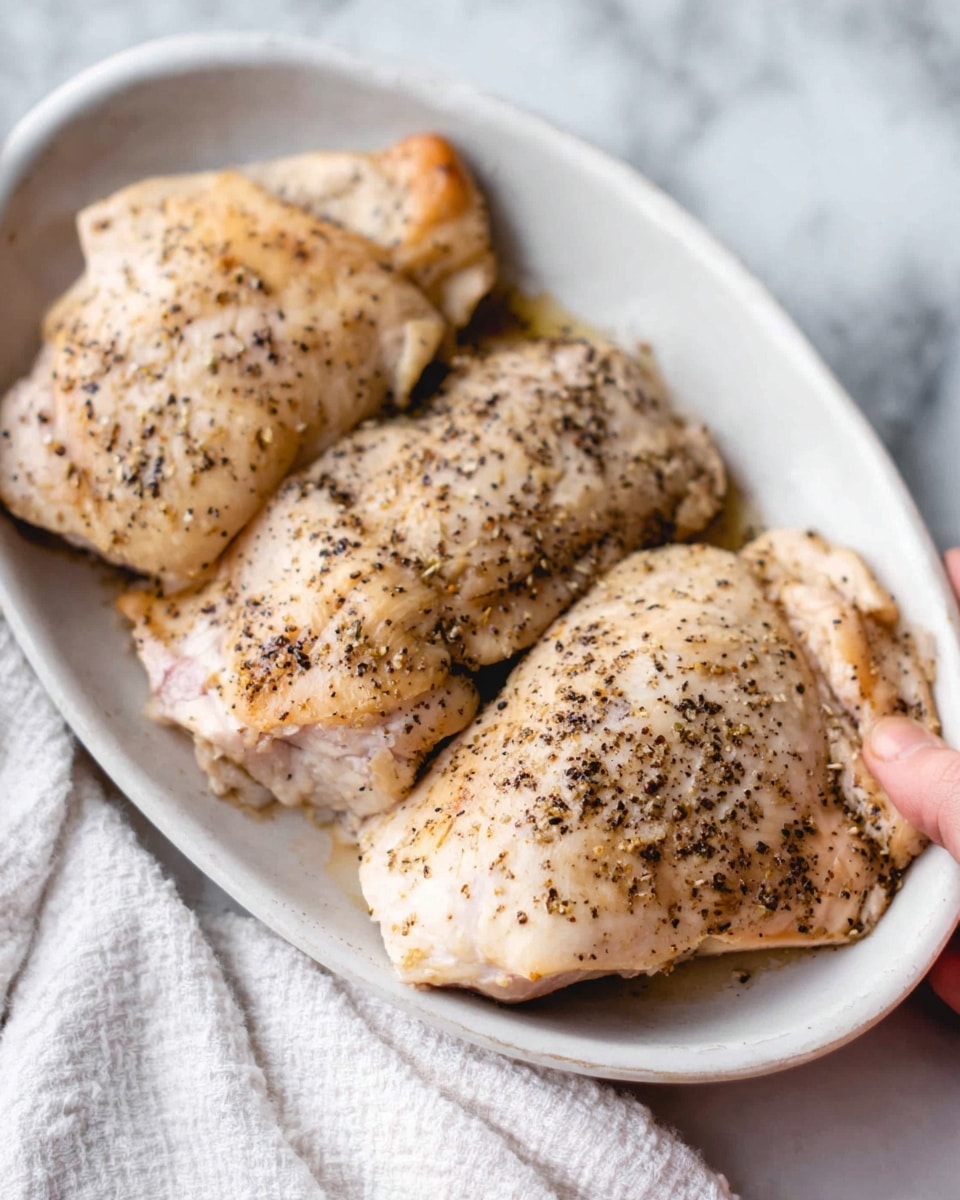 The dish shows three pieces of cooked chicken on a white, oval plate. The chicken pieces are light brown with some black pepper sprinkled on top, giving them a slightly speckled look. The plate sits on a white marbled surface, and part of a white cloth napkin is visible on the side. A woman's hand is holding a piece of chicken on the edge of the plate photo taken with an iphone --ar 4:5 --v 7