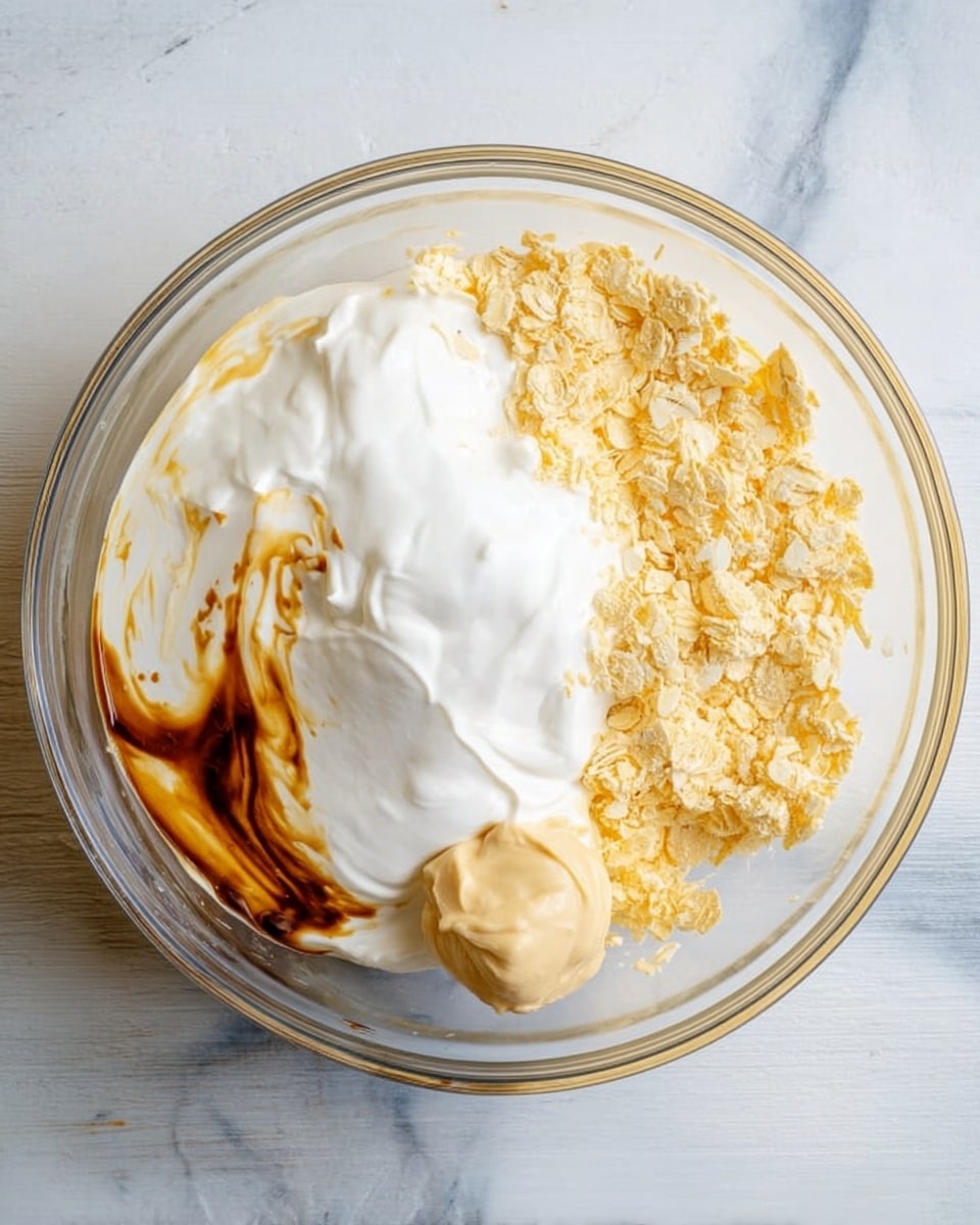 A clear glass bowl holds three distinct layers inside: at the bottom, a pile of pale yellow flakes with a rough texture; above it, a smooth and fluffy white layer covering about half the bowl; on the left side of the white layer, a few streaks of dark brown liquid swirl into the white, creating a marbled effect; on the right side of the flakes, a small dollop of cream-colored soft paste sits next to the white layer. The bowl is placed on a white marbled surface. photo taken with an iphone --ar 4:5 --v 7