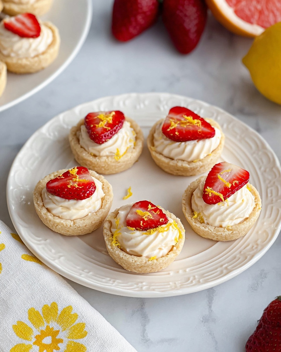 Lemon Cheesecake Cookie Cups Recipe 5 Seven small tartlets are arranged on a white plate with a delicate swirling pattern. Each tartlet has a light golden, slightly crumbly crust forming its base and sides. Inside, there is a smooth, creamy white filling that peaks slightly above the crust's edge. On top of each filling, a thin slice of red strawberry is placed at an angle, and small yellow zest pieces are sprinkled over the cream, adding a bright contrast. The plate rests on a white marbled surface, with whole strawberries and a grapefruit partly visible in the background on the right side, and parts of other tartlets seen on the top left. A white cloth with yellow floral prints peeks from the bottom right corner. photo taken with an iphone --ar 4:5 --v 7