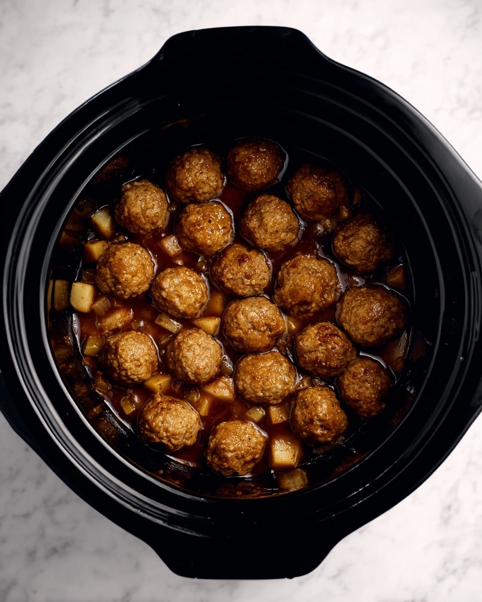 The image shows a black slow cooker filled with two layers of food. The bottom layer has small, light brown diced pieces, likely vegetables or potatoes, partially covered by a dark brown sauce. The top layer consists of many round, golden-brown meatballs arranged closely together, sitting on the sauce and vegetable base. The slow cooker is centered on a white marbled surface. The photo taken with an iphone --ar 4:5 --v 7