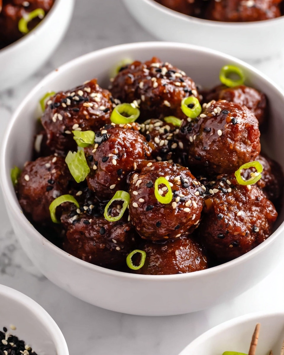 A white bowl filled with many dark brown meatballs covered in a shiny sauce, sprinkled with black and white sesame seeds. Some green onion slices are scattered on top, adding a bright green touch. The bowl sits on a white marbled surface, with parts of other white bowls visible in the background containing black and white sesame seeds and meatballs. The image is close-up, showing the textured surface of the meatballs and the gloss of the sauce photo taken with an iphone --ar 4:5 --v 7