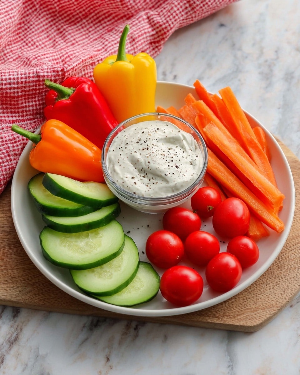 A white plate on a white marbled background holds fresh vegetables arranged around a small clear bowl of white dip with black pepper on top. There are three whole mini bell peppers in yellow, orange, and red on the left side. Next to them are bright orange carrot sticks standing upright. On the right side are a few slices of green cucumber, and below them are many red grape tomatoes clustered together. A red and white checkered cloth is placed in the back right corner. photo taken with an iphone --ar 4:5 --v 7