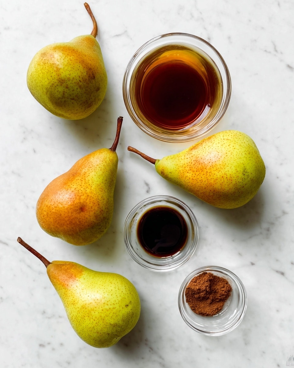 The image shows a white marbled surface with four whole pears spread out around three small clear glass bowls. The largest bowl near the center holds a dark amber liquid, the smallest bowl on the right contains a dark brown liquid, and the bowl at the bottom has a small pile of brown powder. The pears are yellow-green with some orange and brown spots, each with a brown stem. The arrangement is simple and evenly spaced. photo taken with an iphone --ar 4:5 --v 7