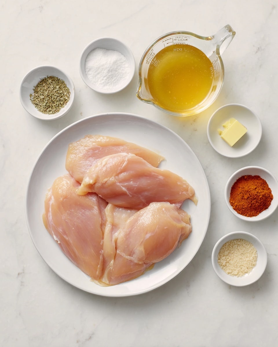 A white plate is placed on a white marbled surface, holding four raw, light pink chicken fillets arranged in a loose circle. Around the plate are six small white bowls and a clear glass measuring cup with light yellow broth. The bowls contain small portions of a white powder, greenish dried herbs, a dollop of yellow butter, reddish-orange paprika powder, and pale beige garlic powder. The image is bright and clean, focusing on the raw ingredients for cooking. photo taken with an iphone --ar 4:5 --v 7