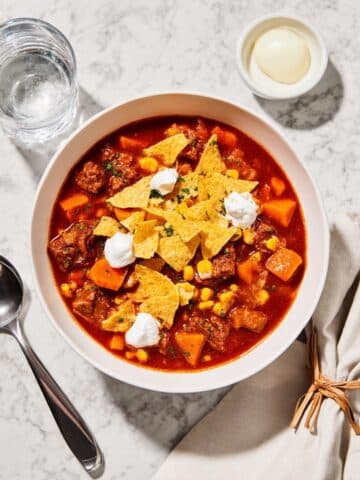 Carb-Smart Tex-Mex Beef Stew with Sour Cream and Tortilla Crumble Recipe