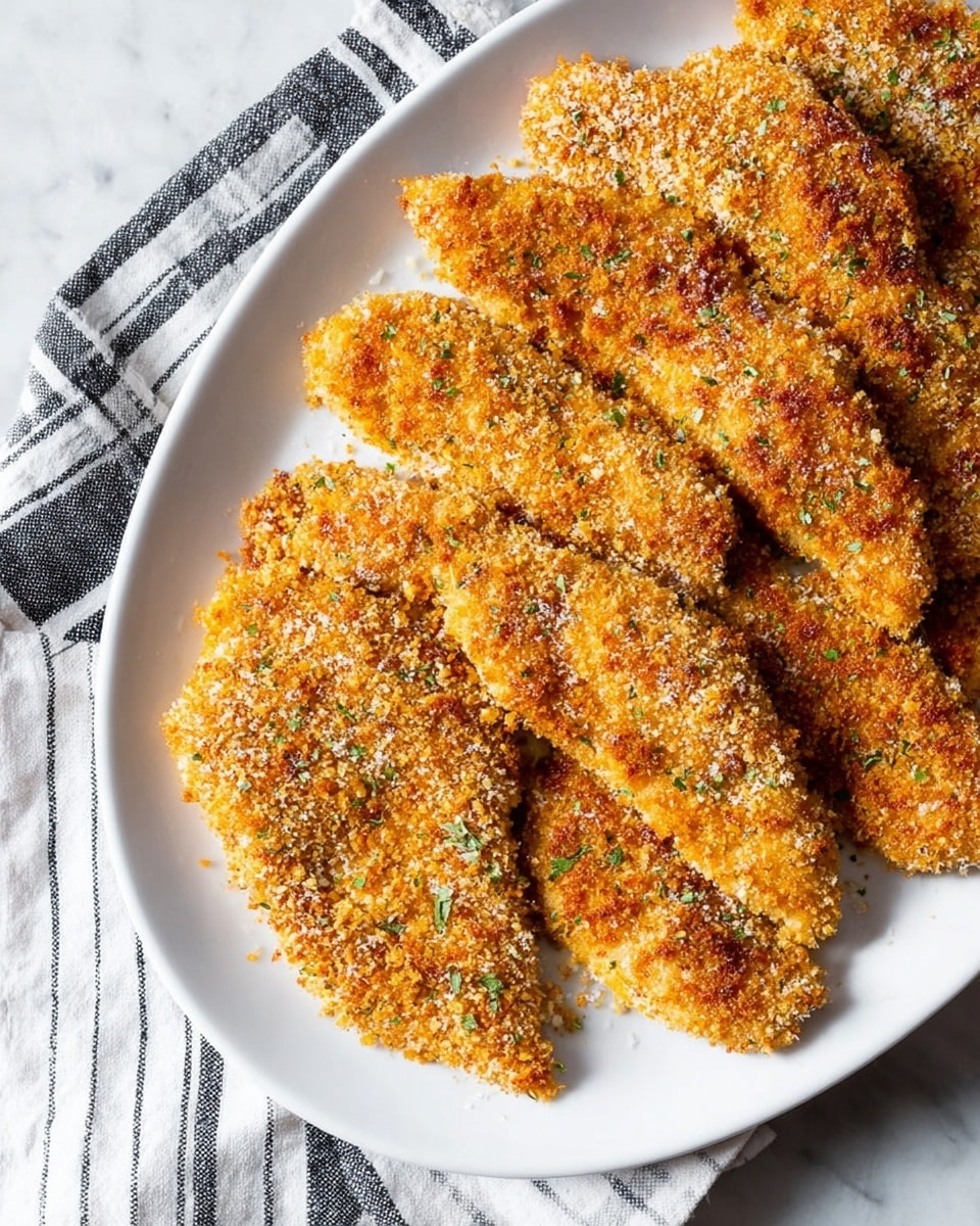 A white oval plate is filled with several pieces of raw chicken coated in a crunchy, golden-orange breadcrumb mix that has small green herb flecks. The chicken fillets are arranged close together, showcasing the uneven texture of the breadcrumb coating, which looks dry and crispy. The plate rests on a white marbled surface, with a black and white striped cloth placed beneath the left side of the plate. The lighting highlights the rough texture and golden color of the breadcrumb layer. photo taken with an iphone --ar 4:5 --v 7