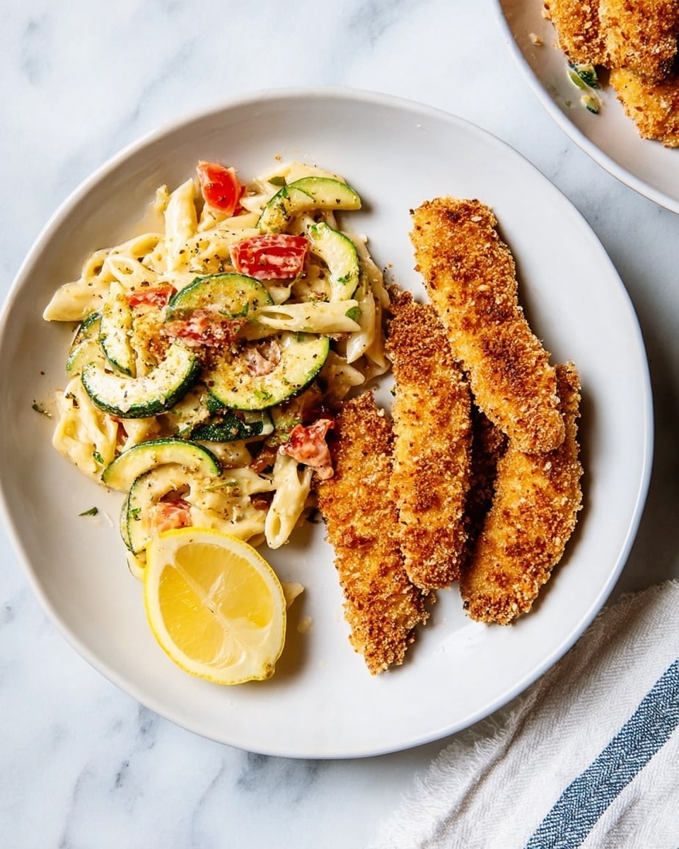 A white plate with three golden-brown crispy fried strips placed on the right side, showing a rough crunchy texture. On the left side of the plate, there is a serving of pasta mixed with small pieces of green zucchini and red tomatoes, giving a mix of creamy beige, green, and red colors with a sprinkled seasoning on top. At the bottom of the plate, a halved lemon with a bright yellow color rests close to the pasta. The plate is on a white marbled surface with part of a white and blue striped cloth visible in the corner. photo taken with an iphone --ar 4:5 --v 7