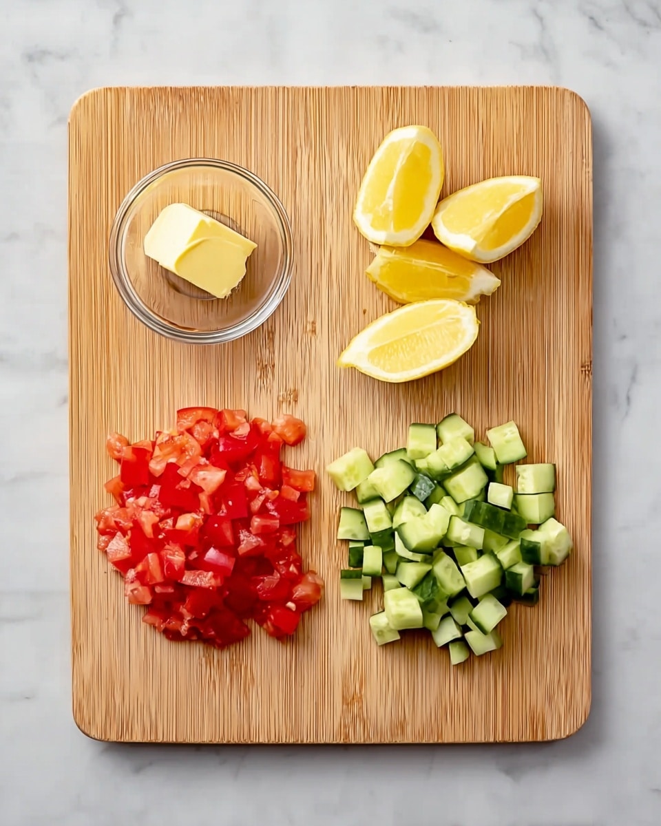 The image shows a light wood cutting board on a white marbled surface. On the top left of the board, there is a small clear glass bowl with a piece of pale yellow butter inside. On the top right side, there are three lemon wedges with bright yellow rinds and pale yellow pulp. At the bottom left, finely chopped red tomatoes form a small pile, while at the bottom right, small cubes of green cucumbers sit neatly grouped. The colors are fresh and vibrant, showing red, yellow, green, and pale yellow tones. There is no hand or plate visible in the image. Photo taken with an iphone --ar 4:5 --v 7