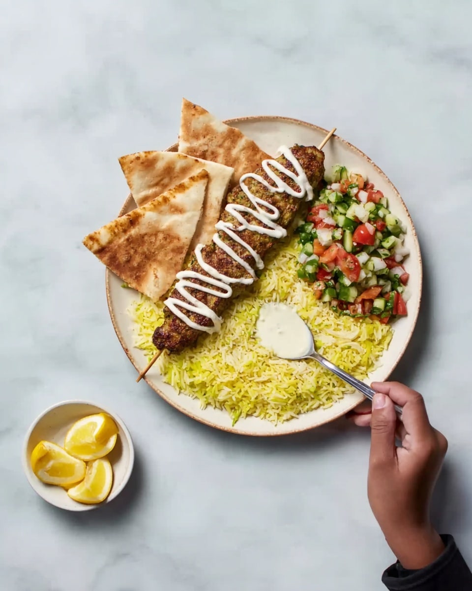 A white round plate is filled with four triangular pieces of toasted flatbread on the upper left, a bed of yellow rice with thin texture below the bread, and a colorful salad with diced red, green, and white vegetables on the upper right. In the center, there are two grilled meat skewers with light brown color, topped with a swirl of white creamy sauce. A woman's hand holding a spoon is about to scoop some sauce. Next to the plate, on the white marbled surface, there is a small white bowl with two lemon wedges. photo taken with an iphone --ar 4:5 --v 7