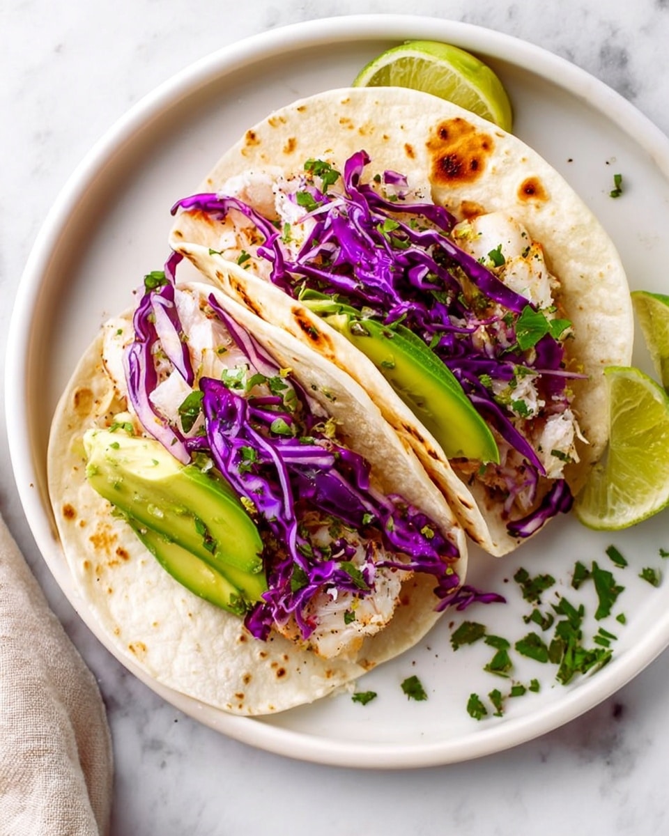 Two soft white tortillas lie on a white plate with lime slices around the edges, placed on a white marbled surface. Each tortilla is folded and filled with several layers: at the bottom, light-colored shredded fish or chicken with a slightly crumbly texture; above it, bright green slices of avocado; topped with vibrant purple shredded cabbage with a crisp texture, all sprinkled with small green herbs. The tortillas have brown spots from cooking. Some loose cabbage and herbs are visible on the plate and background. Photo taken with an iphone --ar 4:5 --v 7