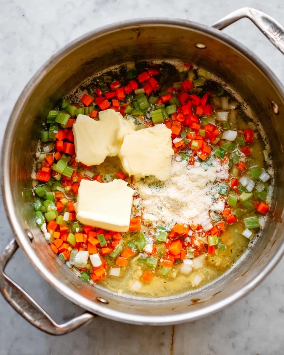 A large silver pot sits on a white marbled surface, filled with different ingredients being cooked. Inside the pot, two large pieces of butter melt in the center, surrounded by a mix of bright red diced carrots and green celery pieces. There are also small bits of white onions scattered around, and some white powdery flour sprinkled over the vegetables and butter, creating a light dusting layer. The mixture looks shiny with melted butter and the colors of the vegetables stand out against the silvery metal of the pot. photo taken with an iphone --ar 4:5 --v 7