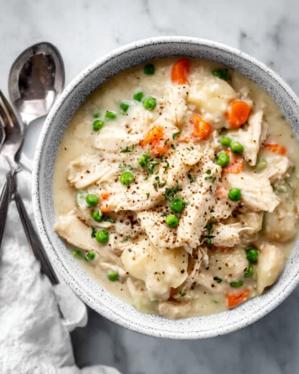 A bowl filled with three layers: the bottom layer is a creamy white sauce with a smooth texture, the middle layer has soft pieces of light beige cooked chicken mixed with small orange carrot chunks and bright green peas scattered evenly, and the top layer shows the creamy sauce dotted with freshly ground black pepper and some herbs. The bowl is white with a gray speckled design, placed on a white marbled surface next to a white napkin and silver spoon and fork. photo taken with an iphone --ar 4:5 --v 7