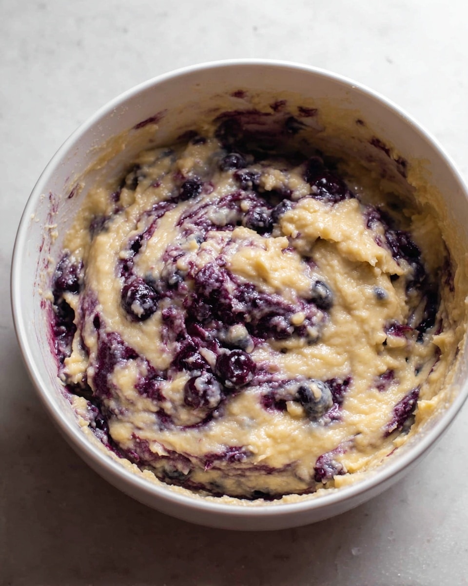 A white bowl filled with a thick, uneven batter that has two main colors and textures: a pale creamy yellow mixture swirled together with dark purple blueberry chunks and streaks, creating a marbled effect. The batter looks moist and slightly lumpy with whole blueberries visible within the mixture, and the edge of the bowl shows some batter splashed on the inside wall. The photo is set on a white marbled surface. photo taken with an iphone --ar 4:5 --v 7