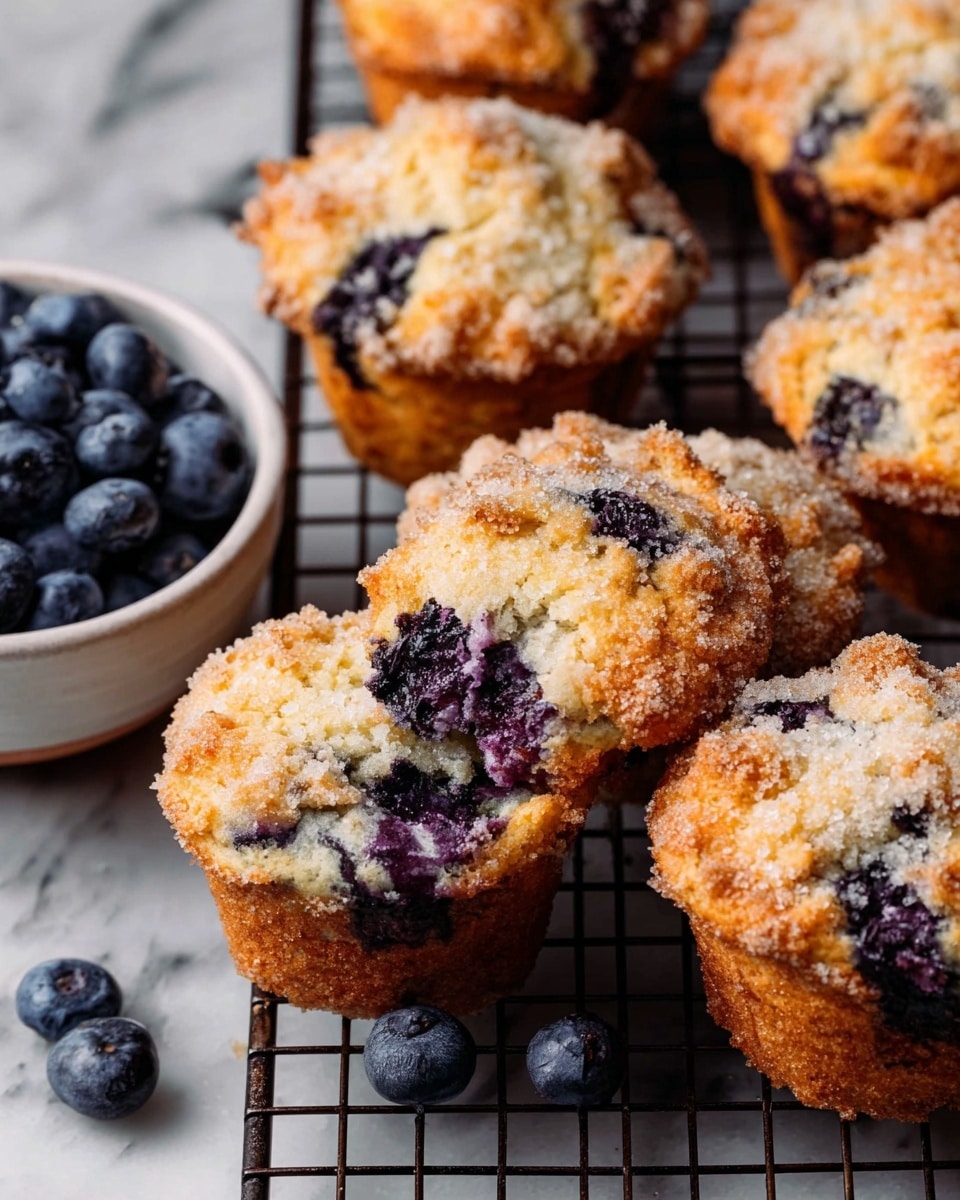 A pile of freshly baked blueberry muffins is stacked close together on a black wire cooling rack over a white marbled surface. The muffins have a golden brown color with a slightly crumbly texture on top and are filled with many dark purple blueberries throughout. One muffin is shown with a bite taken out, revealing a soft light yellow inside speckled with blueberries. A single fresh blueberry decorates the top of some muffins. In the background, a white bowl filled with blueberries is slightly out of focus. photo taken with an iphone --ar 4:5 --v 7