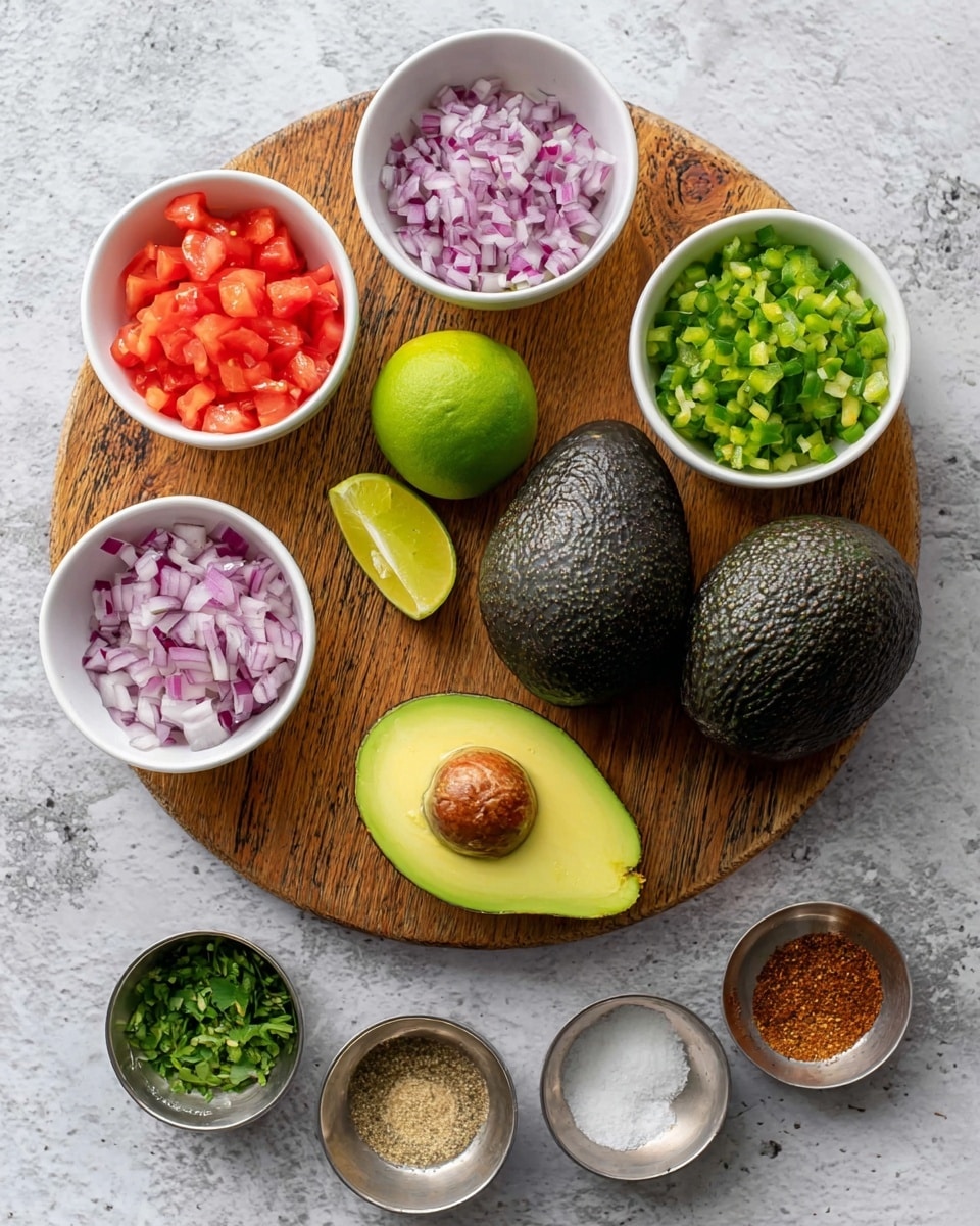 A round wooden board holds three ripe avocados, two whole with dark green bumpy skin and one cut in half showing bright green flesh and one seed, positioned at the bottom and left side. In the center and upper middle of the board are a whole lime, a lime half showing light green inside, and a lime slice flat on the surface. Surrounding the board on a white marbled surface are five small white bowls with finely diced red tomatoes in the top left, chopped purple onions on the top right, chopped green peppers below the onions, chopped fresh green herbs on the right edge, and minced garlic in a small metal bowl at the bottom. Two more small metal bowls at the bottom contain white salt and a brown spice mix, while a tiny bowl with a reddish sauce is at the bottom edge. Photo taken with an iphone --ar 4:5 --v 7