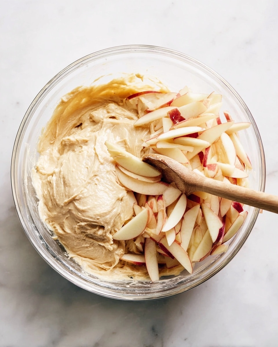 A clear glass bowl sits on a white marbled surface, filled with two main layers inside. On one side, there is a thick light beige batter with a smooth, creamy texture, while on the other side, there are thin, long slices of pale yellow apple with their red skins still on, piled up loosely. A wooden spoon rests partly in the bowl, its tip touching the batter and apples, ready to mix the ingredients together. photo taken with an iphone --ar 4:5 --v 7