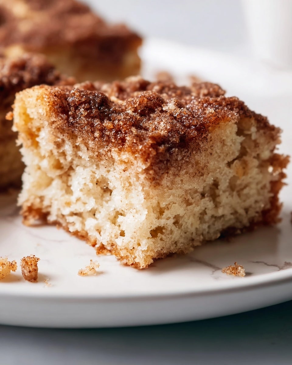 A close-up of a square piece of cinnamon cake resting on a white plate with a white marbled background. The cake has two layers: the bottom layer is light brown and fluffy with visible air holes, showing a soft texture, while the top layer is a crumbly, darker brown with a slightly crunchy sugar and cinnamon mixture. There are some small crumbs scattered on the plate near the cake piece. Photo taken with an iphone --ar 4:5 --v 7