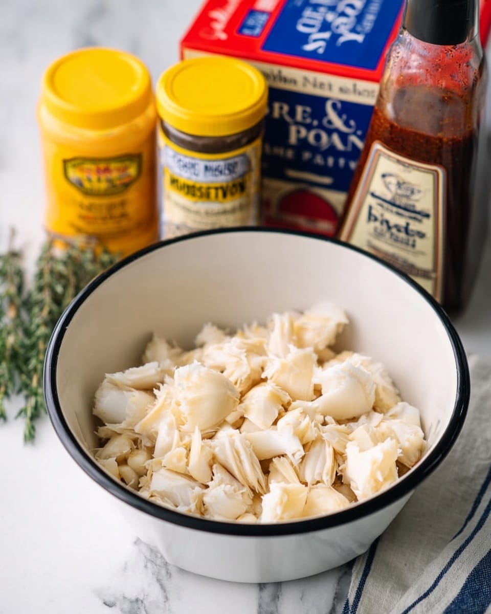 A white bowl with a black rim is filled with small, bite-sized pieces of white crab meat, showing a soft and slightly flaky texture. Behind the bowl, there are three containers: a yellow mustard jar labeled