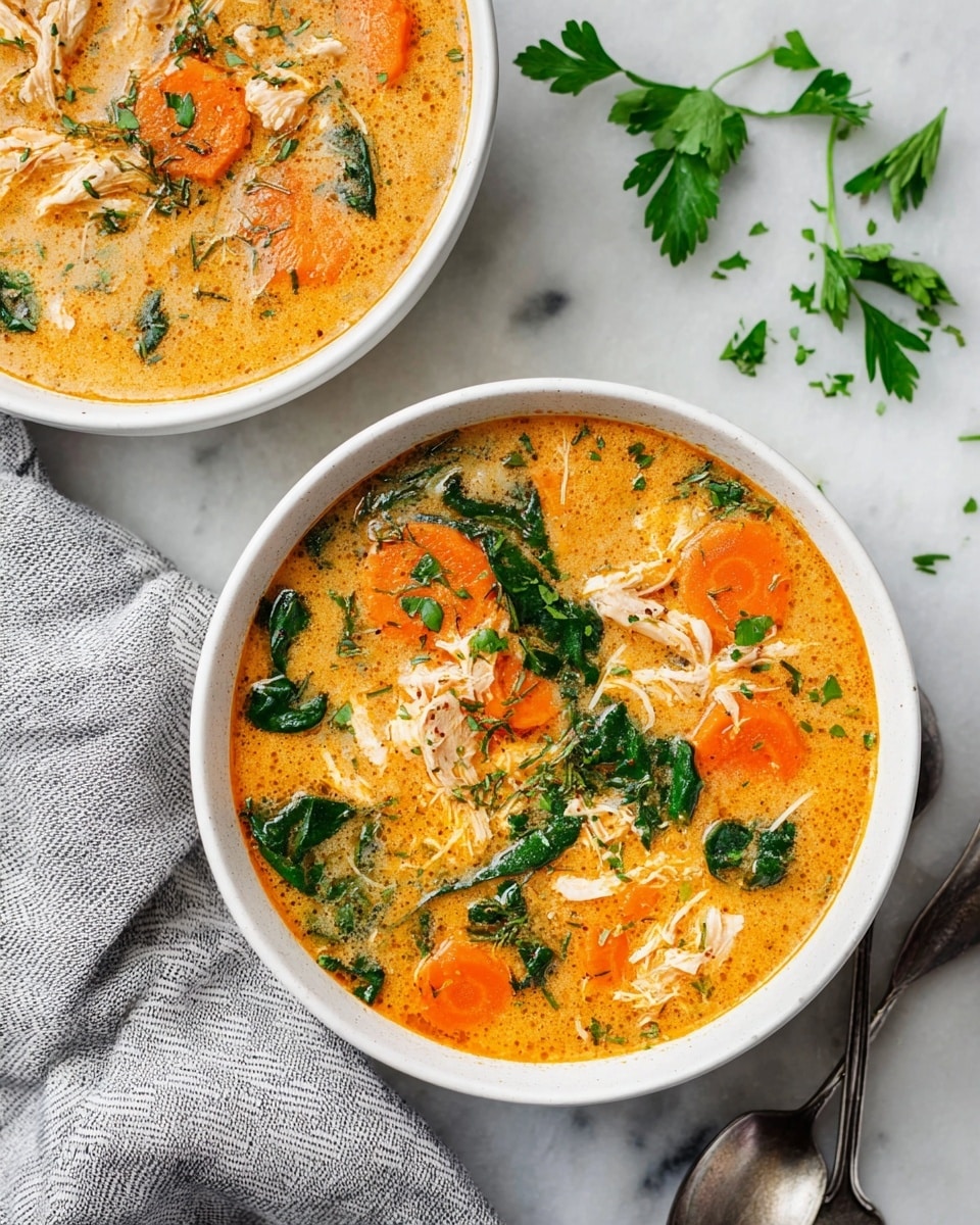 Two white bowls filled with a creamy orange soup sit on a white marbled surface. The soup has visible layers of bright orange carrot slices, light pink shredded chicken pieces, and dark green spinach leaves spread throughout the rich broth. Fresh flat green parsley leaves float on top as garnish. The texture looks smooth with small chunks of vegetables. Next to the bowls is a gray and white striped cloth and two silver spoons. Photo taken with an iphone --ar 4:5 --v 7