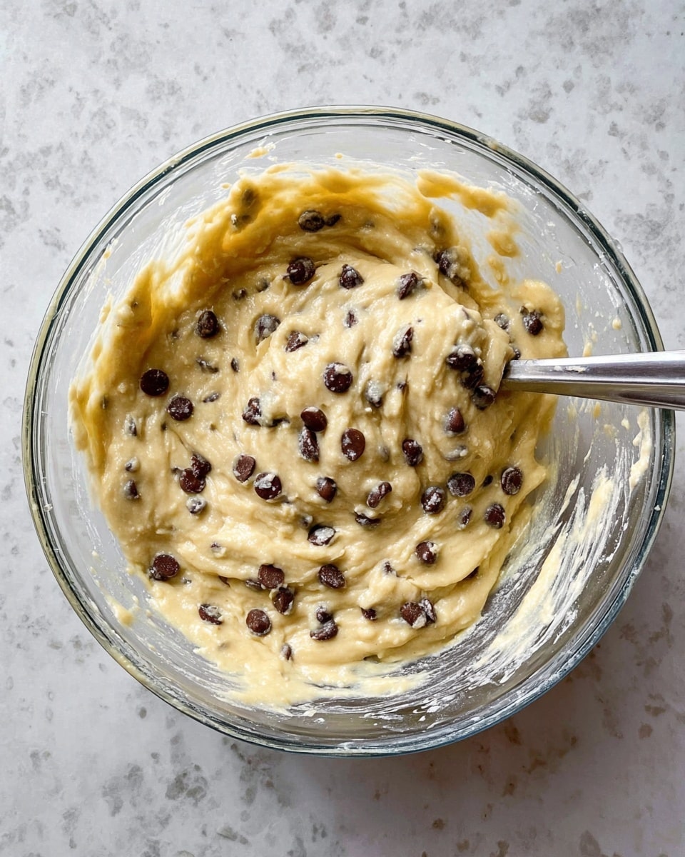 A clear glass bowl filled with thick, creamy pale yellow batter mixed with small, dark brown chocolate chips scattered throughout. The batter has a smooth, slightly lumpy texture, with traces on the sides of the bowl. A metal spoon rests inside the bowl, dipped into the batter, with some batter hanging from it. The bowl is placed on a white marbled textured surface. photo taken with an iphone --ar 4:5 --v 7
