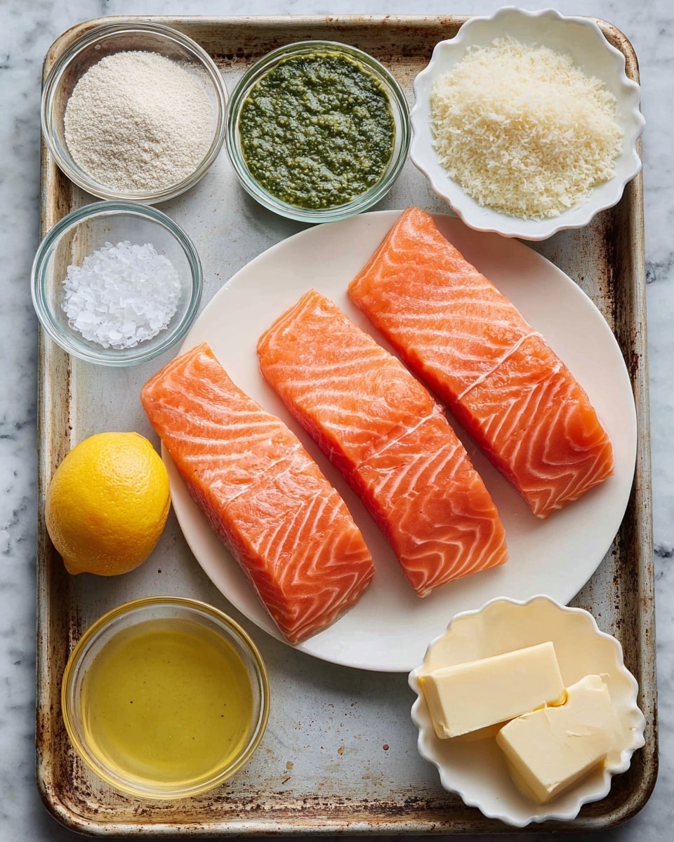 The image shows four raw salmon fillets with a bright orange-pink color and white marbled lines, placed close to each other on a white plate set on a worn baking tray. Above the plate, there are small glass bowls containing different ingredients: one bowl with a coarse white powder, one with a green sauce that has a chunky texture, another with a white crystalline substance, and one holding white panko crumbs. Next to these bowls, a lemon and a small bowl with two blocks of butter sit beside a white scalloped bowl filled with a clear yellow liquid. The entire setup sits on a white marbled background. photo taken with an iphone --ar 4:5 --v 7