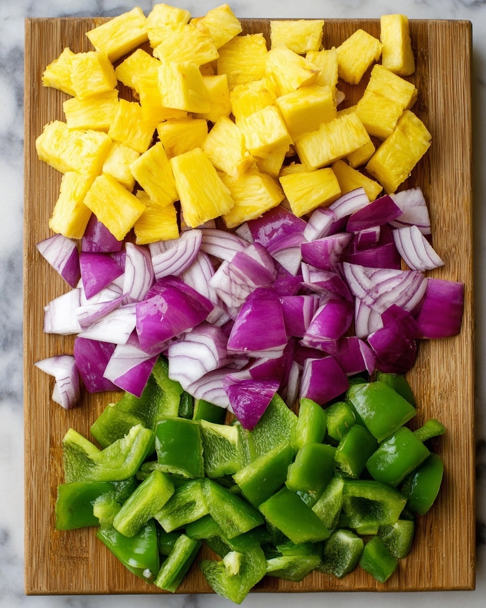 The image shows a wooden board on a white marbled surface with three layers of chopped vegetables arranged neatly. The top layer has bright yellow pineapple chunks in rough squares and rectangles. The middle layer features sliced purple red onions with white inner layers visible, cut into uneven wedge shapes. The bottom layer contains green bell pepper pieces, cut into medium-sized irregular squares and chunks. The colors are vibrant and fresh, showing clear texture differences between the pineapple’s juicy look, the shiny surface of the onions, and the smooth skin of the bell peppers. Photo taken with an iphone --ar 4:5 --v 7