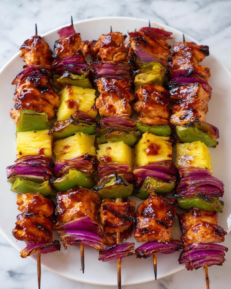 On a white plate placed on a white marbled surface with a dark purple cloth on the side, there are seven skewers each layered with grilled pieces of brown chicken, bright yellow pineapple chunks, green bell pepper pieces, and reddish-purple onion slices. The skewers show a pattern where the chicken is mostly on the top and bottom, alternating with the colorful vegetables and fruit in the middle. The chicken and veggies have a shiny glaze and slight char marks, giving a grilled look. Photo taken with an iphone --ar 4:5 --v 7
