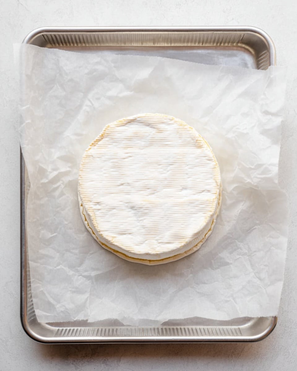 A single round piece of soft white cheese with a slightly wrinkled top layer and a thin light brown edge sits in the center of a sheet of white parchment paper, which is placed on a rectangular metal baking tray. The cheese has a smooth creamy surface with subtle textured lines, while the baking tray has a light silver tone with ridged sides, all set against a white marbled background. photo taken with an iphone --ar 4:5 --v 7