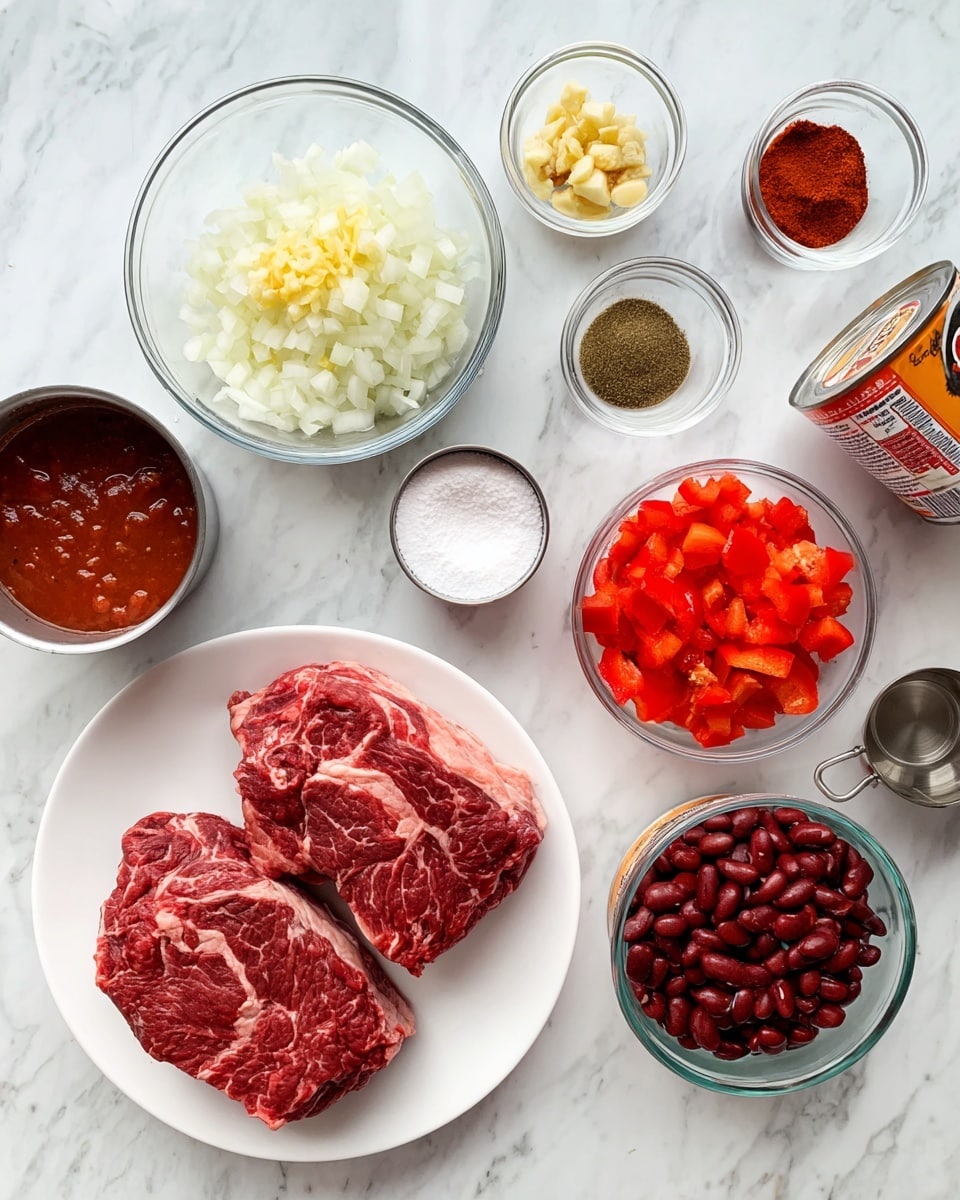 A white plate holds two large raw pieces of red meat with marbled fat, placed at the bottom left of the frame. Above it, a clear glass bowl is filled with finely chopped white onions, topped with a small amount of minced light yellow garlic in a smaller clear bowl inside it. To the right, another clear bowl contains bright red chopped bell peppers. Above that, a small white bowl has different dry spices in separate sections: red, light brown, dark green, and beige powders. Below the bowls, a metal cup holds a thick dark red tomato paste, a metal measuring cup filled with white powder, likely flour, is next to an open can with bright red tomato sauce. Two open cans with dark red kidney beans are positioned to the right. To the far right, there is a clear measuring cup filled with dark brown liquid. The background is a white marbled surface. Photo taken with an iphone --ar 4:5 --v 7