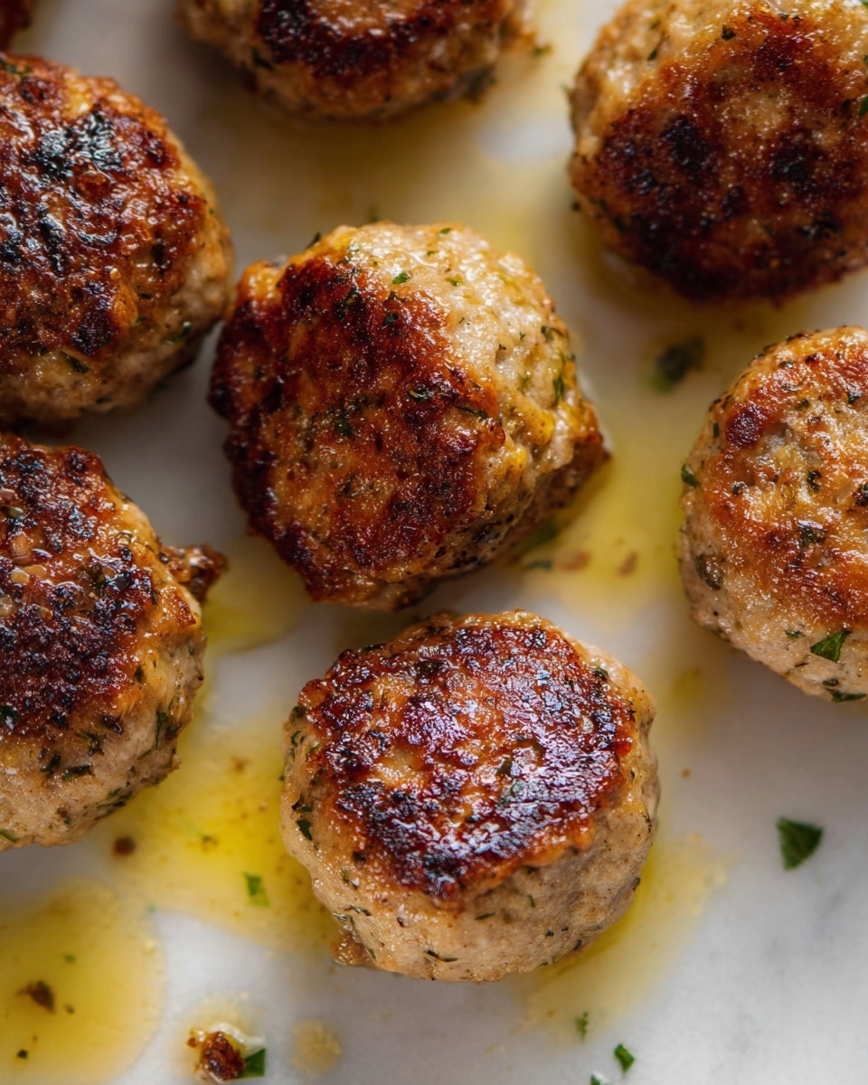 The image shows several golden-brown meatballs with a slightly crispy, browned outer layer. Each meatball is round with a textured surface indicating herbs or small bits of ingredients inside. They sit scattered on a white marbled surface with a few small pools of shiny oil around them, enhancing their moist and freshly cooked look. Photo taken with an iphone --ar 4:5 --v 7