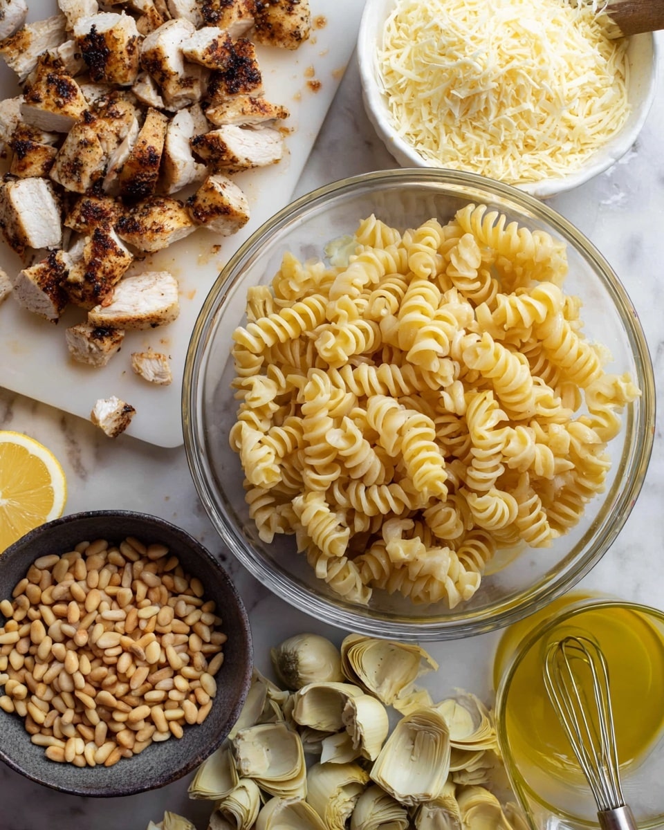 The image shows a top view of several bowls and ingredients on a white marbled surface. In the center, there is a clear glass bowl filled with light yellow spiral pasta. To the back right, a white bowl holds a pile of shredded pale yellow cheese. On the left, a white cutting board displays chopped, grilled chicken with a dark, slightly charred seasoning. Below this, a black bowl is filled with light brown toasted pine nuts. At the bottom, there are many peeled and chopped pale artichoke hearts scattered on the surface. To the right bottom corner, a glass measuring cup contains yellow liquid with a whisk inside, next to a halved lemon. The scene is well lit and looks ready for cooking preparation photo taken with an iphone --ar 4:5 --v 7