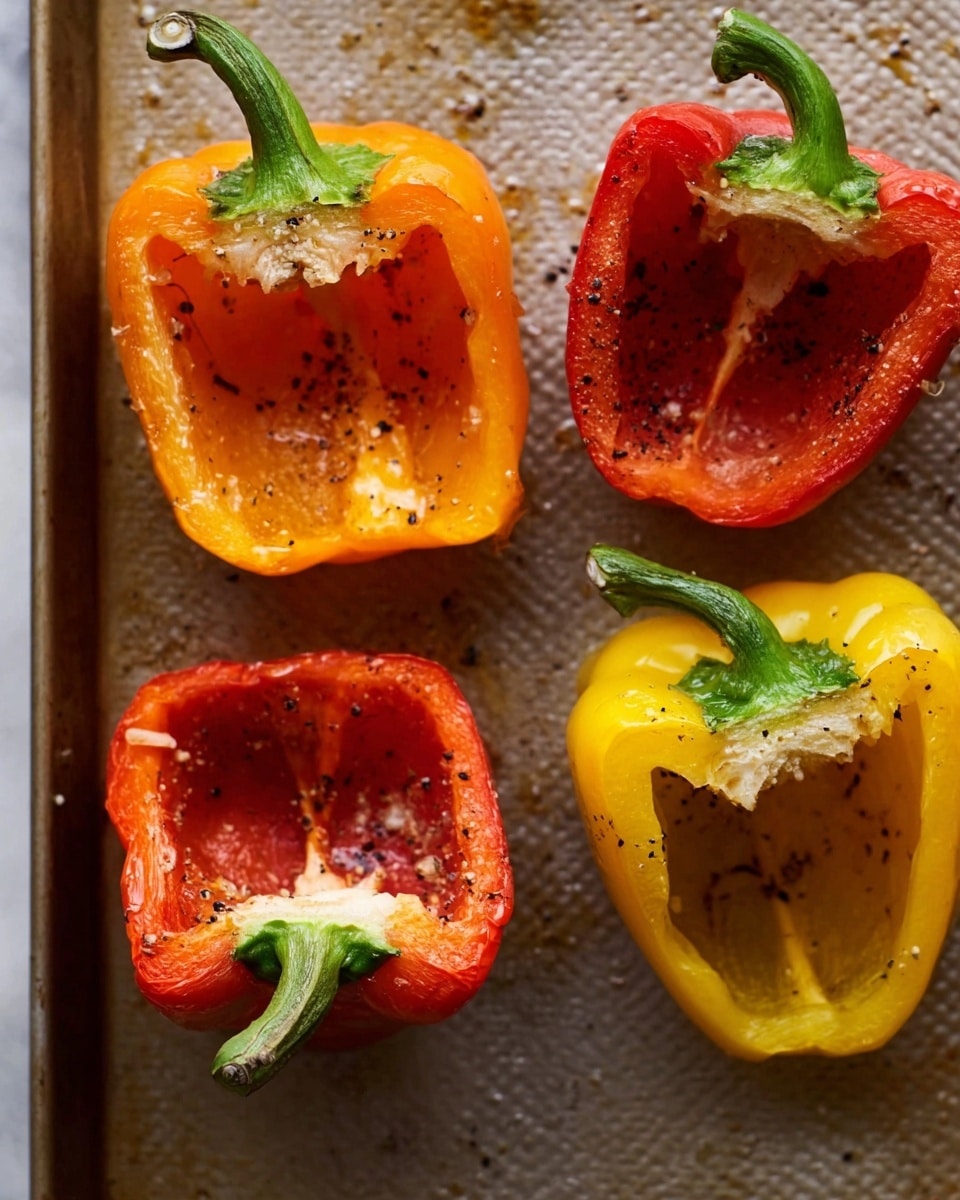 The image shows four hollowed bell pepper halves on a textured baking sheet, set on a white marbled surface. The peppers are in bright colors: orange, red, and yellow. Each pepper is cut lengthwise, seeds removed, and lightly sprinkled with black pepper or seasoning. The green stems remain attached, adding contrast to the vibrant pepper colors. The peppers have a fresh, shiny texture with visible moisture and seasoning specks. Photo taken with an iphone --ar 4:5 --v 7