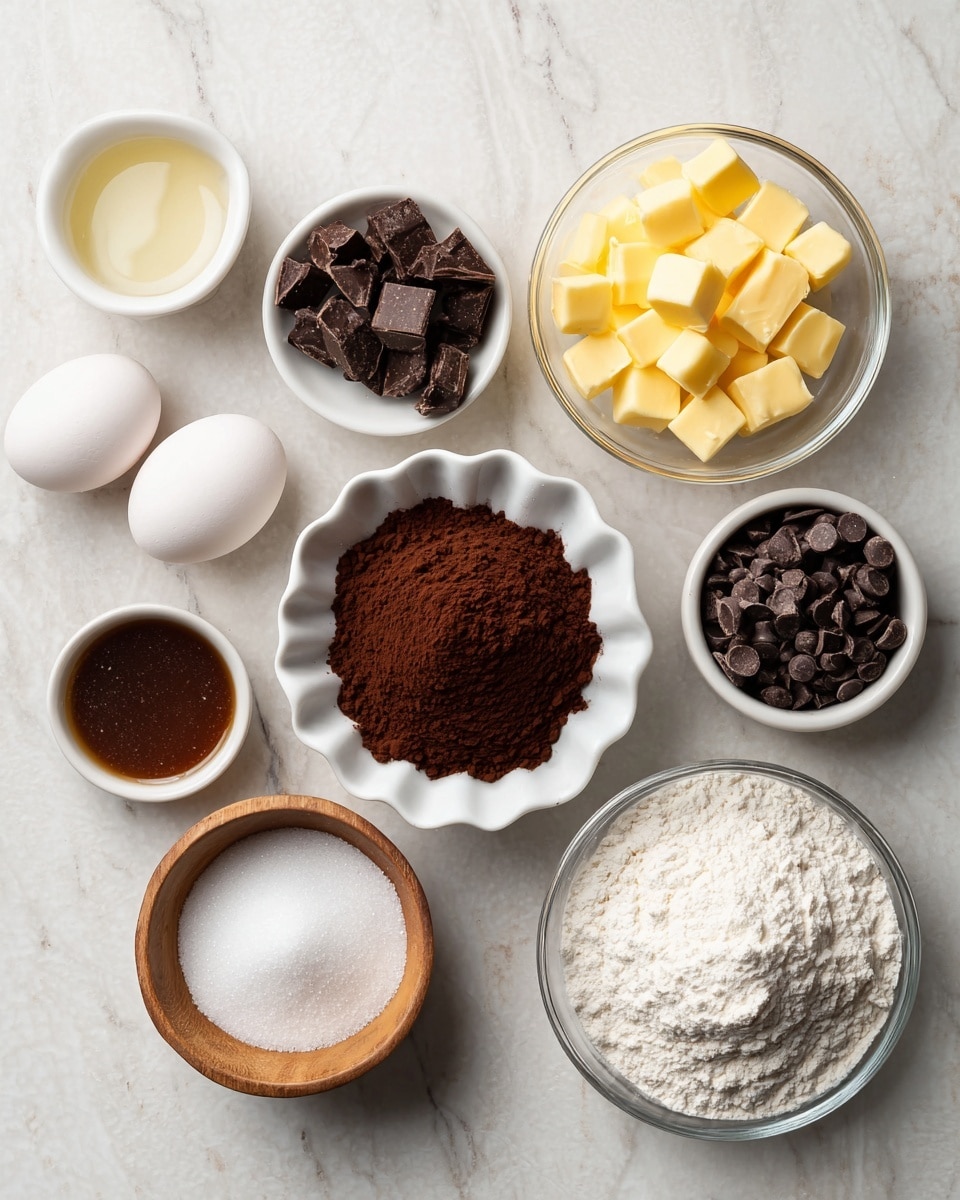The image shows nine bowls and three eggs arranged neatly on a white marbled surface. At the top right, there is a transparent glass bowl filled with small yellow butter cubes. Below it, in the center, a white scalloped bowl holds dark brown cocoa powder with a soft, powdery texture. Surrounding the center bowl, there are small white bowls containing dark brown chopped chocolate pieces, dark brown chocolate chips, a light tan liquid which is vanilla extract, and white flour with a fine texture. There is also a small wooden bowl with coarse, white salt. Three whole white eggs sit on the surface next to the bowls in the upper left corner. A large clear bowl filled with white granulated sugar sits near the bottom right. Everything is evenly spaced on the white marbled surface. photo taken with an iphone --ar 4:5 --v 7