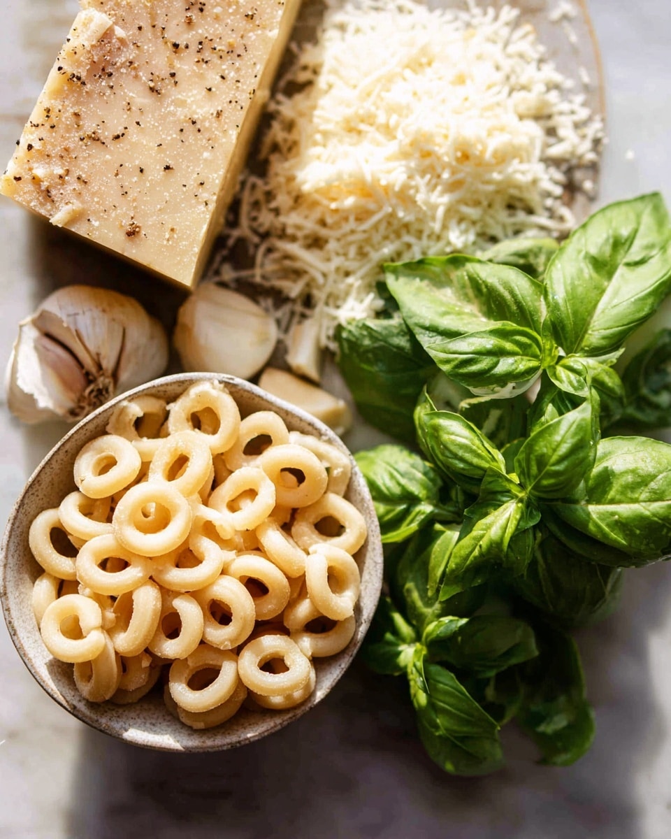 A close-up shot of ingredients arranged on a white marbled surface. At the bottom left, there is a small bowl filled with light beige ring-shaped pasta, showing a smooth texture. To the top right of the bowl, there are two fresh green basil bunches with large leaves that have a slightly glossy surface. Between the pasta and basil, there is a flat pile of grated pale cream cheese with some larger crumb pieces visible. Behind the cheese, a piece of hard cheese with a light brown rind and pepper specks lies partially covered by the grated cheese. A few garlic cloves are placed near the cheese, with one clove skin partially peeled. The image has soft natural light highlighting the textures and colors of the ingredients. photo taken with an iphone --ar 4:5 --v 7