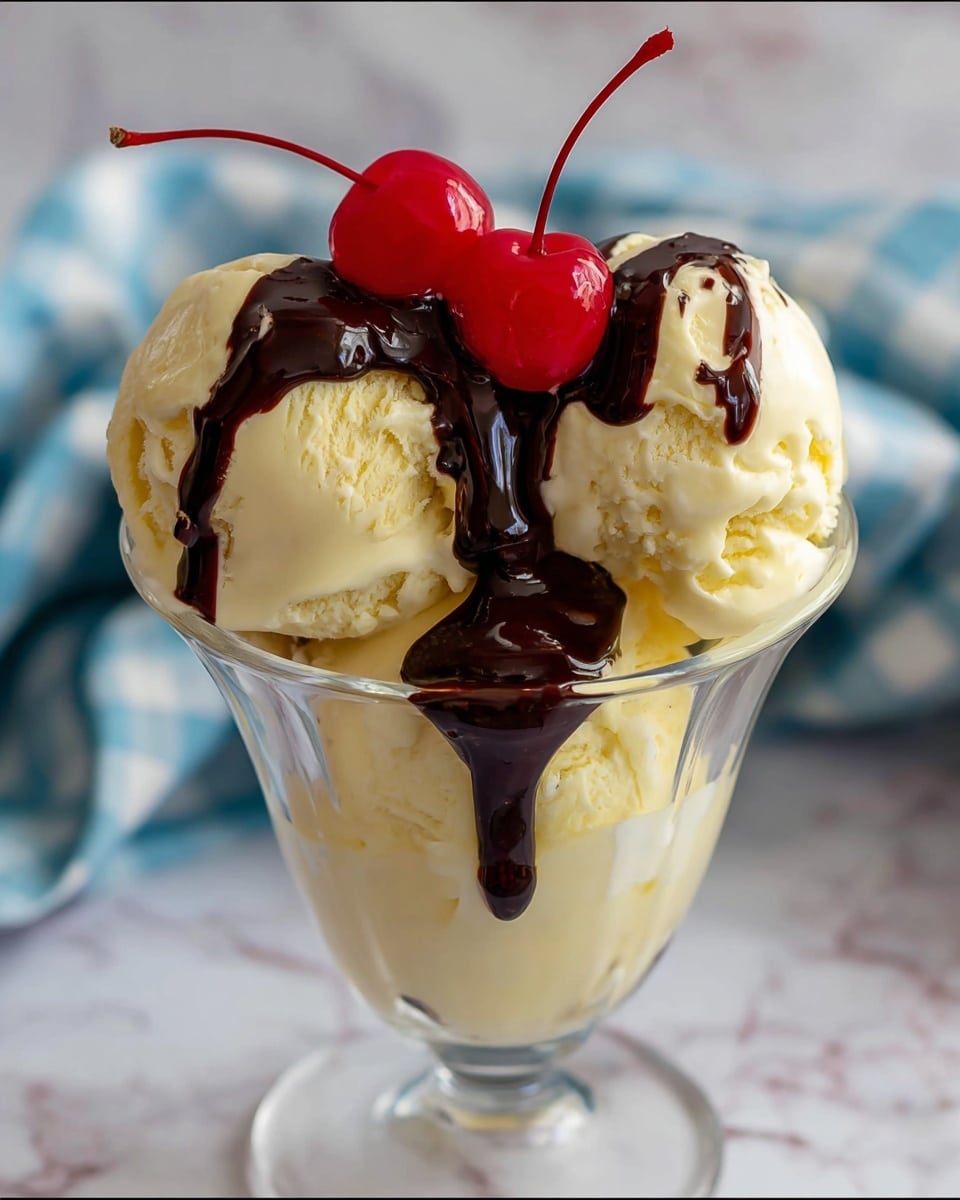The image shows a clear glass cup filled with three scoops of pale yellow vanilla ice cream. On top of the ice cream is a rich, dark chocolate sauce that drips slightly down the side of the scoops. Two bright red cherries with long stems are placed on one side of the scoops. The background features a white marbled texture with a blurred blue and white checkered cloth. The photo taken with an iphone --ar 4:5 --v 7