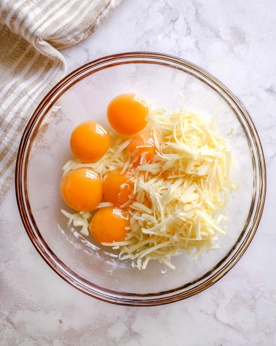 A clear glass bowl with brown rings contains six whole raw egg yolks and whites on the left side, showing bright orange yolks and shiny translucent whites. On the right side of the bowl, there is a pile of shredded pale yellow cheese with a soft texture. The bowl is placed on a white marbled surface with a beige and white striped cloth partially visible in the top left corner. Photo taken with an iphone --ar 4:5 --v 7