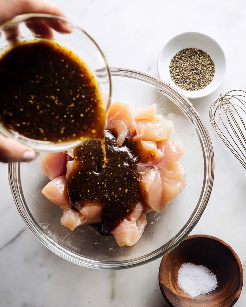 A clear glass mixing bowl holds chunks of raw pale pink chicken at the bottom, with a thick dark brown sauce being poured over the chicken from a small clear glass bowl by a woman's hand. The dark sauce has a slightly speckled texture with visible flecks inside. Around the bowl, there is a small white bowl filled with black pepper, a small dark wooden bowl with coarse white salt, and a metal whisk on a white marbled surface. The whole setup is bright and clear, emphasizing the contrast between the light chicken and dark sauce. photo taken with an iphone --ar 4:5 --v 7